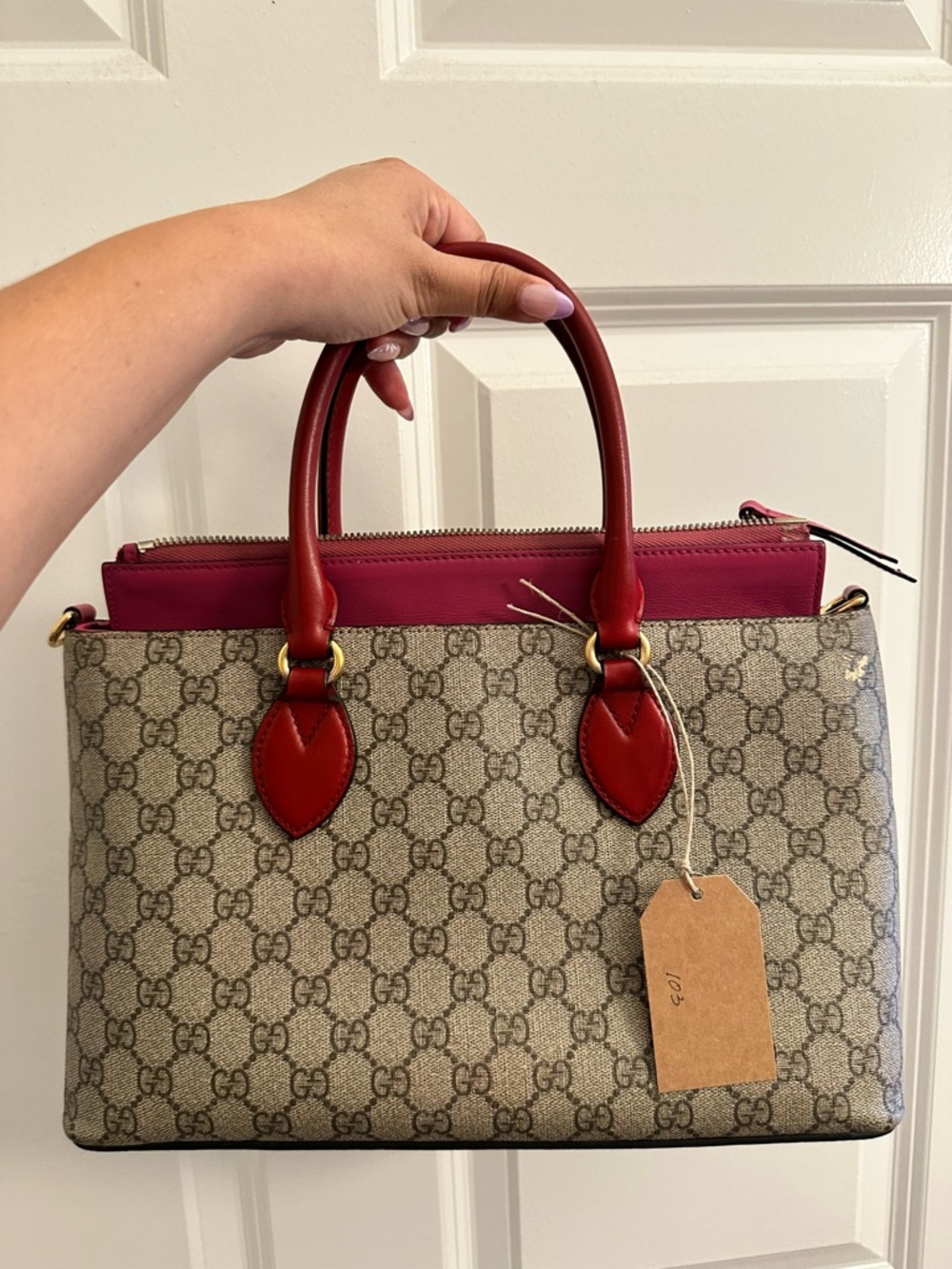 Gucci GG Supreme Canvas Tote Bag Pink and Red color way